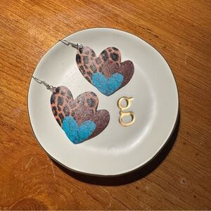 Heart-Shaped Leopard Print with Turquoise Accent Painted Leather Earrings